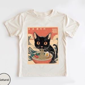 Noodle Cat Shirt, Ramen Cat T-Shirt, Cat Lover Shirt for Kids, Funny Black Cat Noodle Tee, Kawaii Cat Eating Ramen, Japanese Noodles Tee