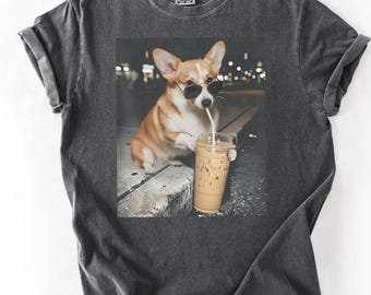 Corgi Drinking Iced Coffee Shirt, Funny Dog Meme Tee, Animal Shirt, Coffee Lover Corgi Meme Shirt, Comfort Colors Tshirt, Unisex Tee