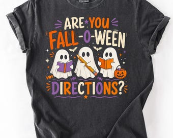 先生向けハロウィンTシャツ、Are You Fall-O-Ween Directionsシャツ、面白い秋のハロウィンTシャツ、不気味でかわいい幽霊先生シャツ、先生へのギフト