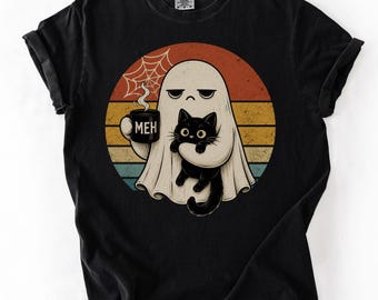 ゴーストキャットシャツ、不気味な黒猫グラフィックTシャツ、面白い内向的なハロウィンTシャツ、コーヒー好きへのギフト
