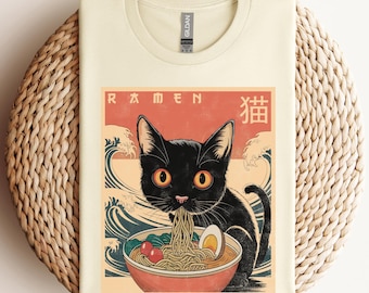 Noodle Cat Shirt, Ramen Cat T-Shirt, Funny Black Cat Noodle Tee, Cat Lover Shirt for Kids, Kawaii Cat Eating Ramen, Japanese Noodles Tee