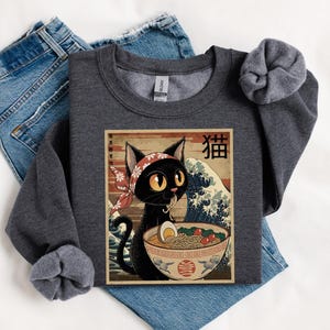 Noodle Cat Sweatshirt, Ramen Cat shirt, Funny Black Cat Noodle, Cat Lover Shirt for Kids, Kawaii Cat Eating Ramen, Japanese Noodles shirt