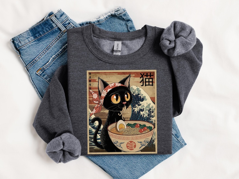 Noodle Cat Sweatshirt, Ramen Cat shirt, Funny Black Cat Noodle, Cat Lover Shirt for Kids, Kawaii Cat Eating Ramen, Japanese Noodles shirt