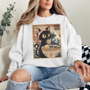 Noodle Cat Sweatshirt, Ramen Cat shirt, Funny Black Cat Noodle, Cat Lover Shirt for Kids, Kawaii Cat Eating Ramen, Japanese Noodles shirt
