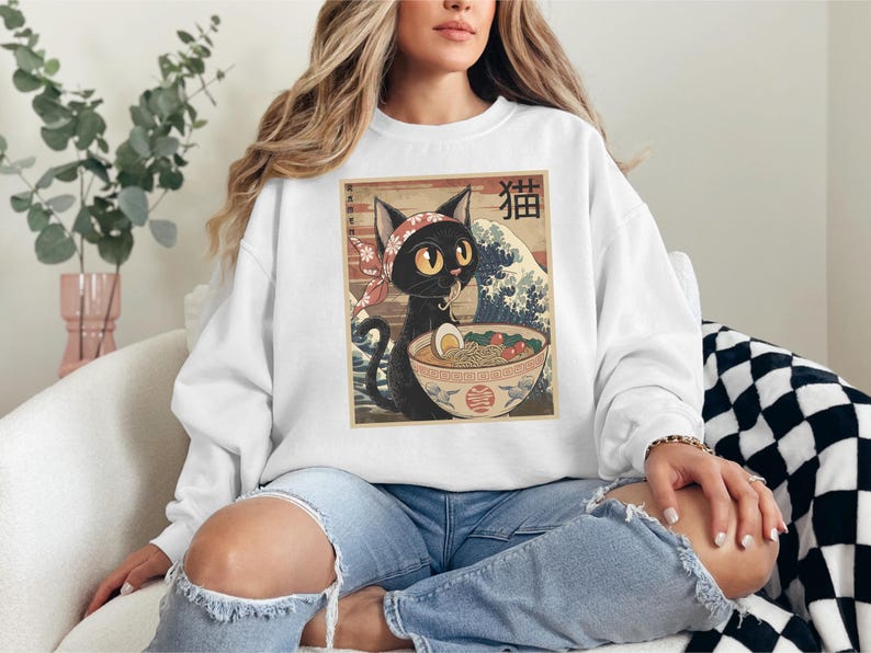Noodle Cat Sweatshirt, Ramen Cat shirt, Funny Black Cat Noodle, Cat Lover Shirt for Kids, Kawaii Cat Eating Ramen, Japanese Noodles shirt