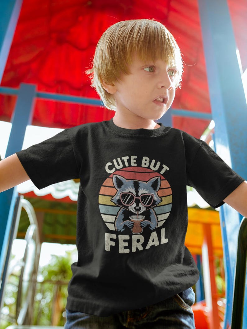 Cute But Feral Raccoon Toddler Shirt, Funny Raccoon Boy Girl Gift, Trash Animal Tee, Somebodys Feral Child, Vintage Kids & Youth Tee