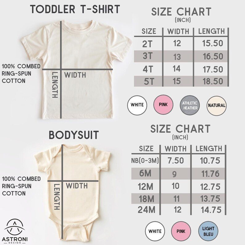 Pode incluir: Imagem de produto com uma camiseta para crian&ccedil;as pequenas e um body, ambos na cor creme. Tabelas de tamanhos em polegadas est&atilde;o inclu&iacute;das, detalhando as medidas de largura e comprimento para cada tamanho. O texto "100% algod&atilde;o penteado ring-spun" &eacute; vis&iacute;vel.