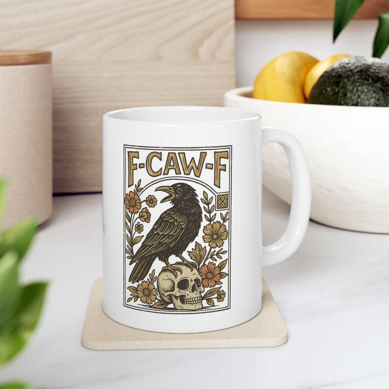 F-Caw-F Crow Mug, Funny Black Crow Mug, Humor Meme Black Raven Coffee Mug, Silly Farm Animal Mug, Crow Lover Gift, Trendy Black Bird Mugs image 2