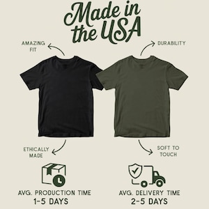 Puede incluir: Se muestran dos camisetas, una negra y otra verde oliva. El texto "Made in the USA" est&aacute; en la parte superior. Las flechas apuntan a las camisetas con las palabras "Amazing Fit" y "Durability". El texto adicional incluye "Ethically Made" y "Soft to Touch."