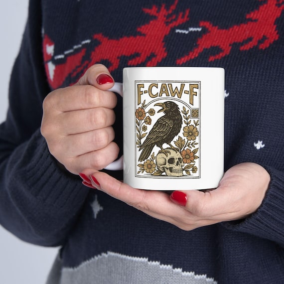 F-Caw-F Crow Mug, Funny Black Crow Mug, Humor Meme Black Raven Coffee Mug, Silly Farm Animal Mug, Crow Lover Gift, Trendy Black Bird Mugs