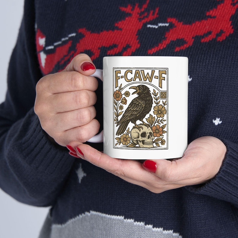F-Caw-F Crow Mug, Funny Black Crow Mug, Humor Meme Black Raven Coffee Mug, Silly Farm Animal Mug, Crow Lover Gift, Trendy Black Bird Mugs image 1