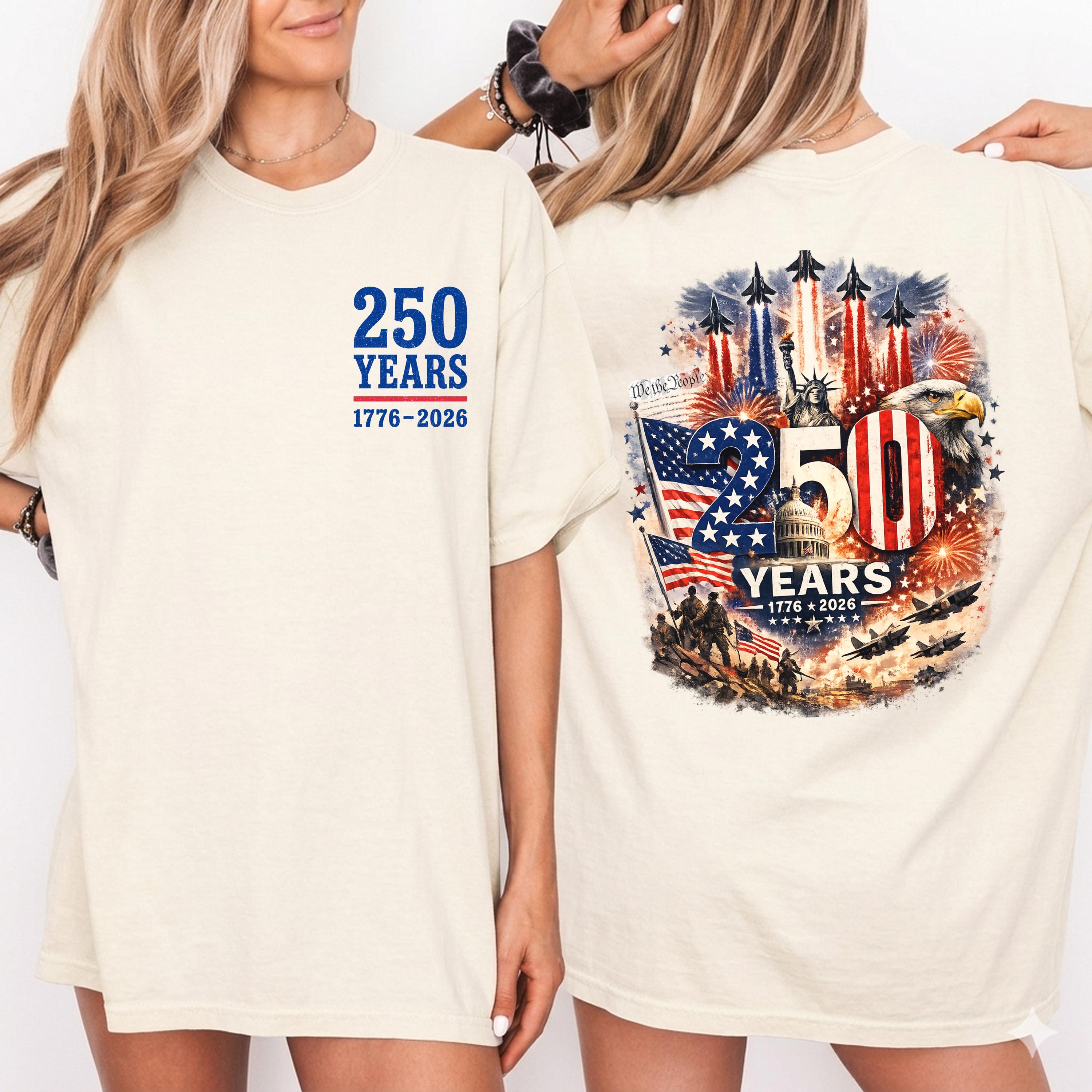 Discover America USA 250th Anniversary Double Sided T-Shirt, 1776-2026 Patriotic Tee with Fighter Jet