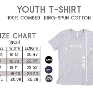 May include: Youth t-shirt size chart in inches with measurements for width and length.  The chart shows sizes XS, S, M, L, and XL.  The t-shirt is available in black, navy, and dark heather.