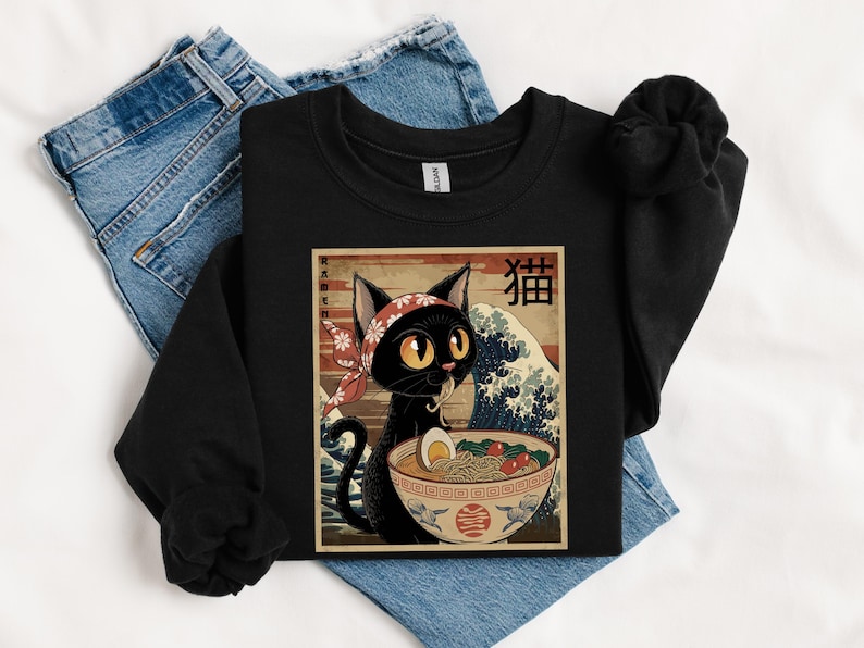 Noodle Cat Sweatshirt, Ramen Cat shirt, Funny Black Cat Noodle, Cat Lover Shirt for Kids, Kawaii Cat Eating Ramen, Japanese Noodles shirt