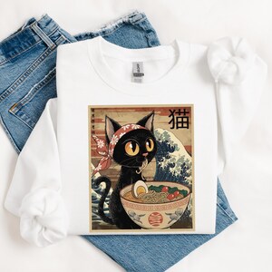 Noodle Cat Sweatshirt, Ramen Cat shirt, Funny Black Cat Noodle, Cat Lover Shirt for Kids, Kawaii Cat Eating Ramen, Japanese Noodles shirt