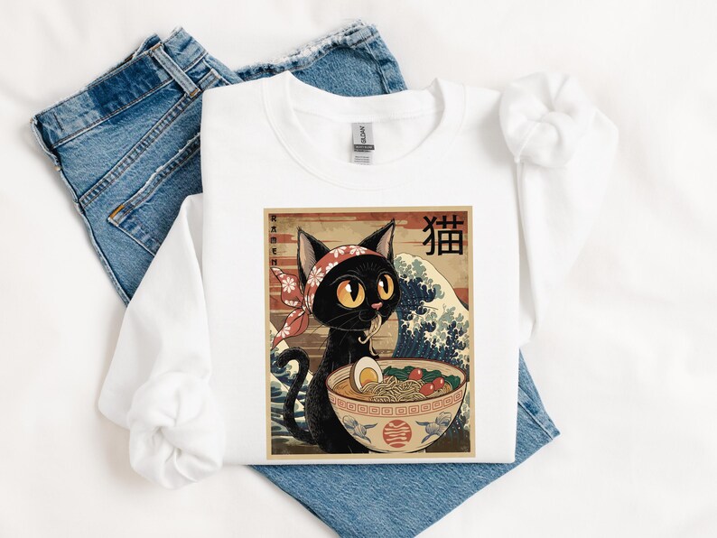 Noodle Cat Sweatshirt, Ramen Cat shirt, Funny Black Cat Noodle, Cat Lover Shirt for Kids, Kawaii Cat Eating Ramen, Japanese Noodles shirt