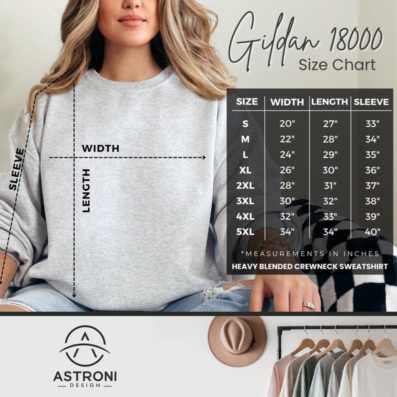 May include: A size chart for Gildan 18000 heavy blended crewneck sweatshirts. The chart shows measurements in inches for width, length, and sleeve length for sizes S through 5XL.