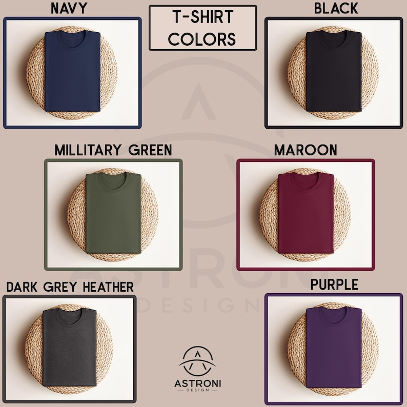 May include: A selection of t-shirt colors displayed on a woven background. The colors include navy, black, military green, maroon, dark grey heather, and purple.