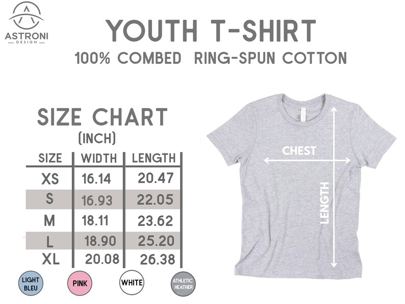 Pode incluir: T-shirt cinza claro juvenil com tabela de tamanhos em polegadas. A tabela mostra as medidas do peito e do comprimento para os tamanhos XS a XL. A camisa &eacute; feita de 100% algod&atilde;o penteado e fiado em anel.