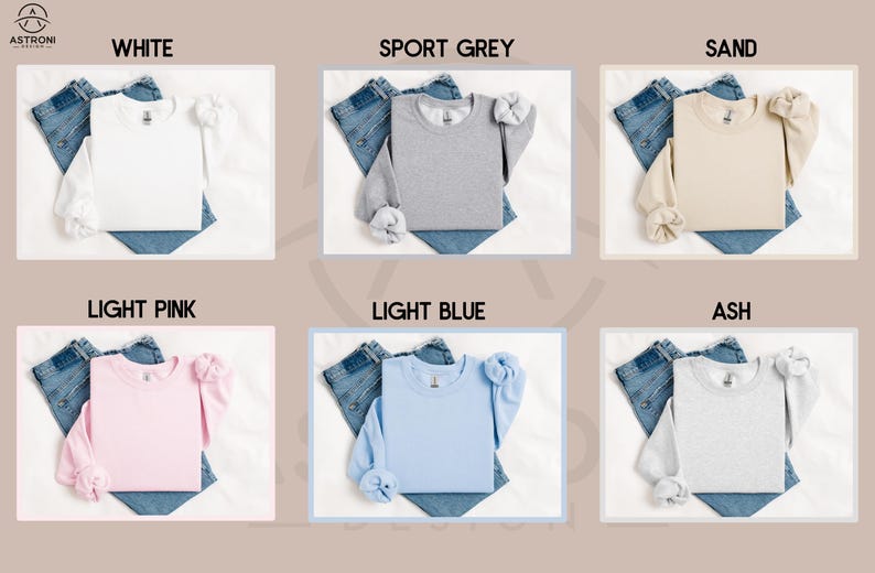 May include: Six long-sleeved shirts in different colors, laid flat on a white surface with a pair of jeans folded underneath each shirt. The colors are white, sport grey, sand, light pink, light blue, and ash.