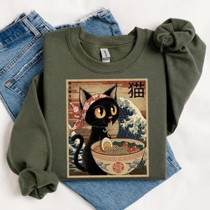 Noodle Cat Sweatshirt, Ramen Cat shirt, Funny Black Cat Noodle, Cat Lover Shirt for Kids, Kawaii Cat Eating Ramen, Japanese Noodles shirt