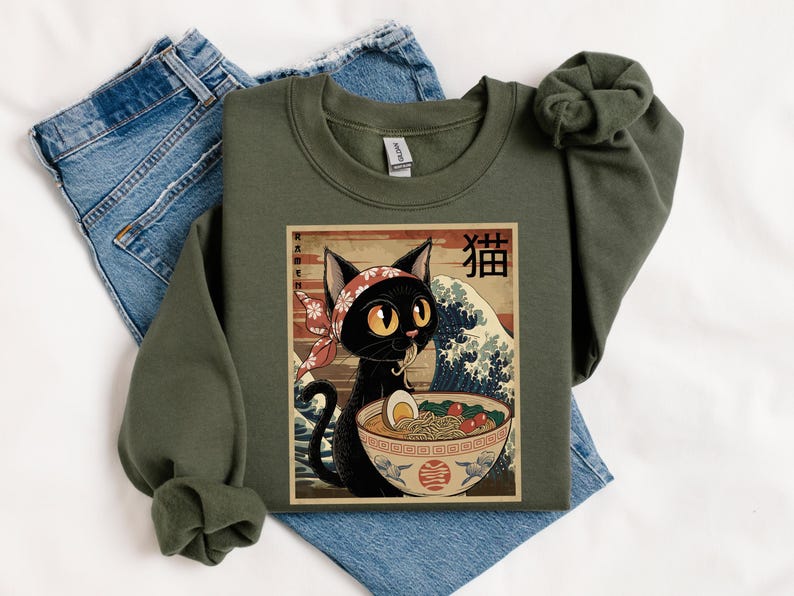 Noodle Cat Sweatshirt, Ramen Cat shirt, Funny Black Cat Noodle, Cat Lover Shirt for Kids, Kawaii Cat Eating Ramen, Japanese Noodles shirt