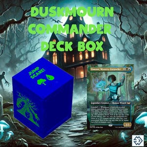May include: A blue cube with the words "Jump Scare!" printed on it. The cube is decorated with a green tree and a green drop. The cube is sitting on a green and brown surface. A card with the text "Zimone, Mystery Unraveler" is in the background.