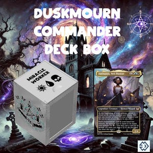 May include: A white cube with the words "Miracle Worker" printed on it. The cube has a black skull and a black drop of water on it. The cube is sitting on a table in front of a card with the words "Aminatou, Veil Piercer" printed on it. The card is a Magic: The Gathering card.