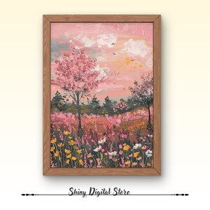 Printable Wildflower Field Landscape Vintage Painting, Pink Spring Print Farmhouse Print Neutral Wall Art Spring Art Digital Download