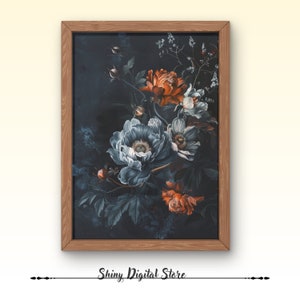 Dark academia prints, PRINTABLE Vintage Moody Wall Art, Dark Flower Print, Floral & Botanical Floral Still Life Oil Painting, Digital Art