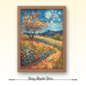 Printable Wildflower Field Landscape Vintage Painting, Moody Spring Decor Farmhouse Print Neutral Wall Art Spring Art Digital Download