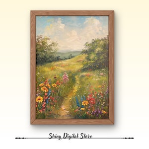 Printable Wildflower Field Landscape Oil Painting, Vintage Farm House, Country Field Landscape Oil Painting Printable, Art Digital Download