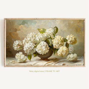 Mothers day 2024, FRAME TV art White Hydrangeas still life, Spring Samsung art rustic farmhouse, Neutral floral artwork cottage decor