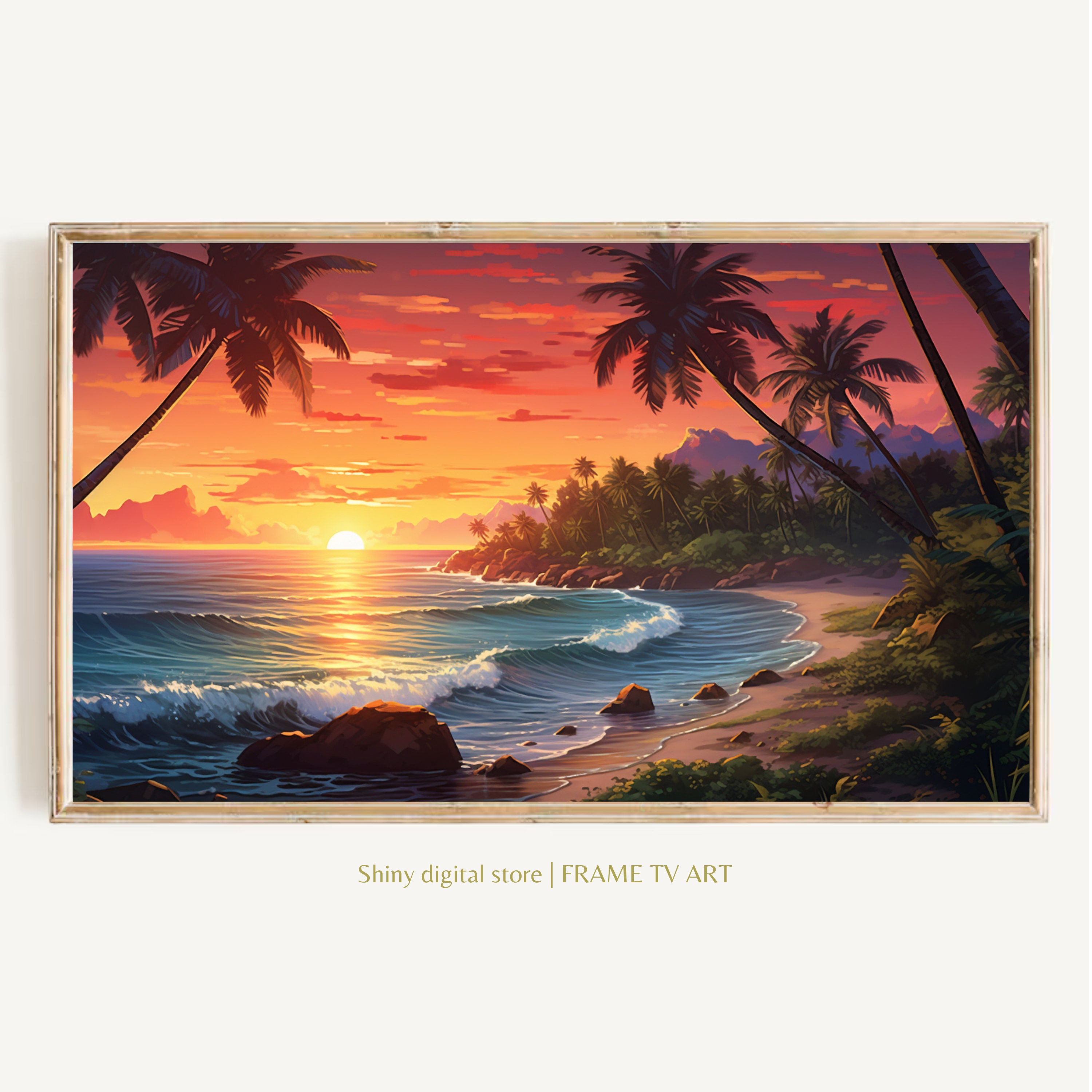 Summer Beach Sunset TV Art: Tropical Palm Leaf Digital Download, Coastal tv Painting, FRAME TV Decor, Beach Wall Art