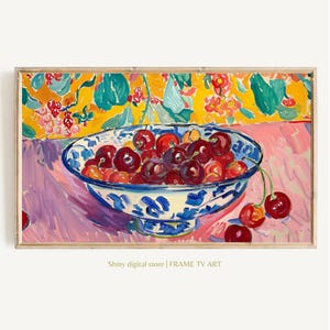 Frame TV Art | Colorful Cherry Digital Download for Tv | Trendy Still Life Spring or Summer Pink Frame Tv Instant Download
