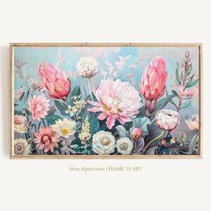 Samsung FRAME TV art Rosa & blaue Wildblumen, Frühling Feld der Blumen TV Kunst, Cottagecore TV Kunst Download