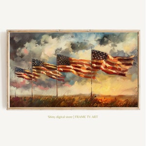 Vintage 4th of July American Flags Frame TV Art | Rustic Patriotic Oil Painting Digital Download | Cottagecore Independence Day Home Decor
