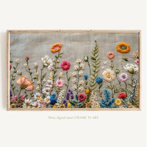 Wildflower Floral Embroidery Textured Art for TV Digital Download  | Spring Frame TV Art Instant Download | Colorful Flowers for Spring