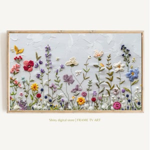 Spring Frame TV Art Instant Download | Wildflower Floral Embroidery Textured Art for TV Digital Download | Colorful Flowers for Spring