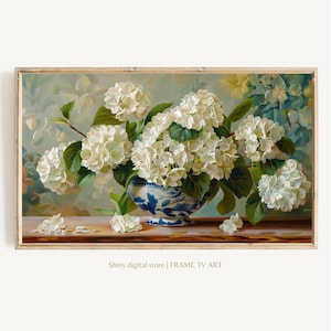 FRAME TV art White Hydrangeas still life, Spring Samsung Frame tv art rustic farmhouse, Neutral floral tv artwork cottage decor