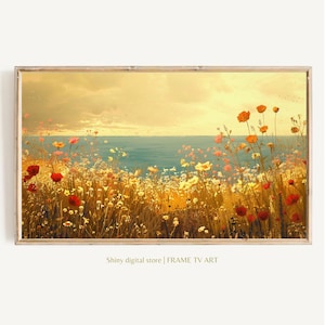 Land Sommer Landschaft Rahmen TV Kunst, Frühling rosa Wildblumen Ölgemälde, Wiese floral TV Kunst, Vintage Cottagecore TV Dekor Bildschirmschoner