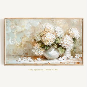 FRAME TV art White Hydrangeas still life, Spring Samsung Frame tv art rustic farmhouse, Neutral floral tv artwork cottage decor