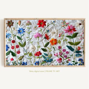 Spring Frame TV Art Instant Download | Wildflower Floral Embroidery Textured Art for TV Digital Download | Colorful Flowers for Spring