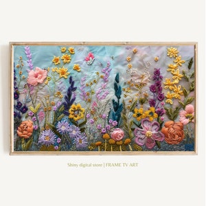 Spring Frame TV Art Instant Download | Wildflower Floral Embroidery Textured Art for TV Digital Download | Colorful Flowers for Spring