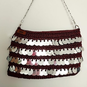 Handmade Sequin Crochet Evening Bag , Bordeaux & Silver Party Purse , Crossbody or Handbag