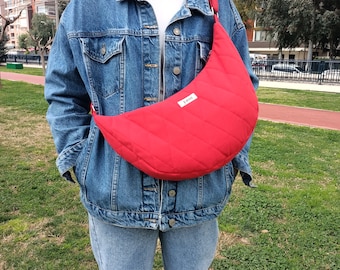 Quilted Crossbody Bag Handmade Slouchy Halfmoon Purse Lightweight Red Crescent Bag