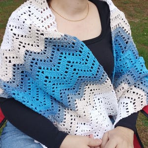 Handmade Crochet Wave Pattern Shawl Scarf, Color Changing Cotton, Blue or Dusty Pink