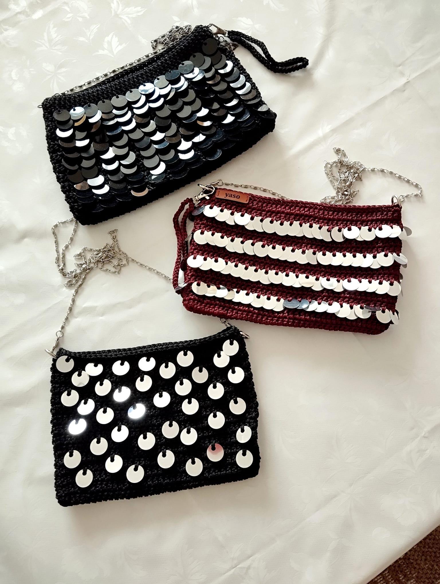 Handmade Black Sequin Crochet Bag , Silver Evening Crossbody Purse , Party or Night Out Bag