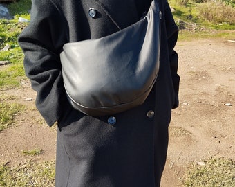 Soft Faux Leather Crossbody Bag – Handmade Lightweight Halfmoon Shoulder Bag – Sustainable Repurposed Fabric