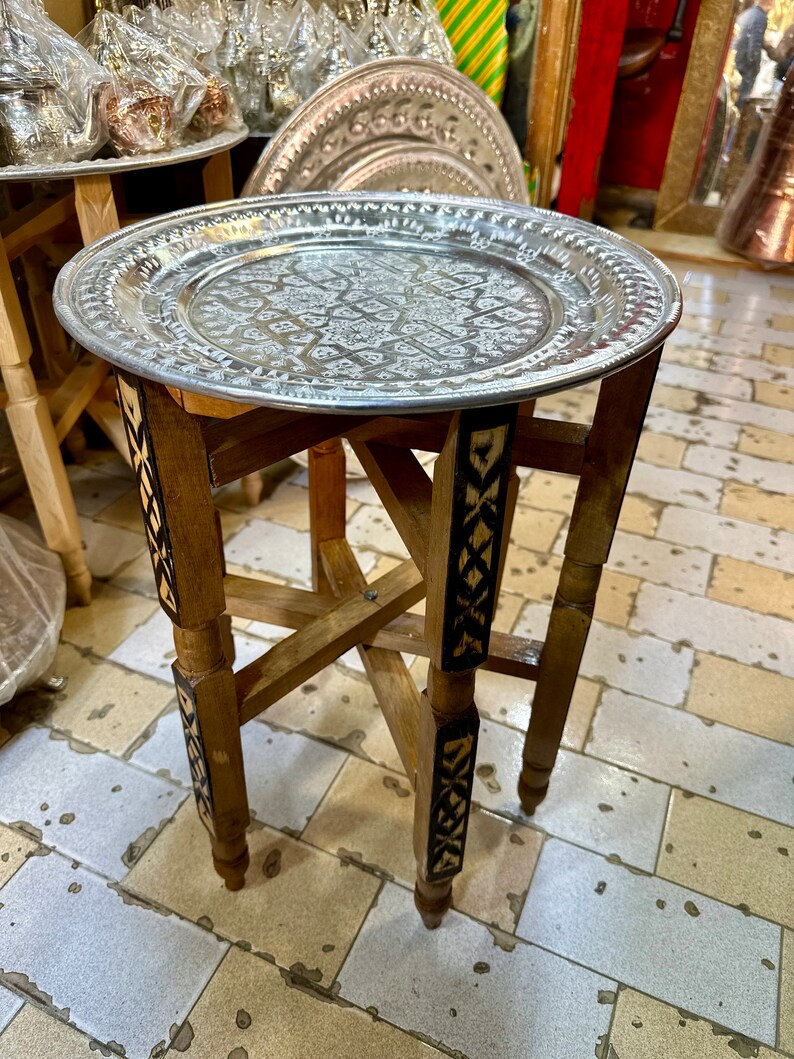 Moroccan aluminum table, silver table, artisanal table, easy to arrange side table, artisanal decor for all rooms. image 4